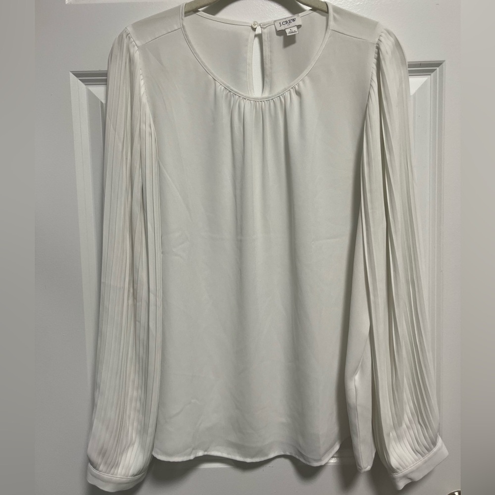 J. Crew White Pleated Sleeve Blouse
